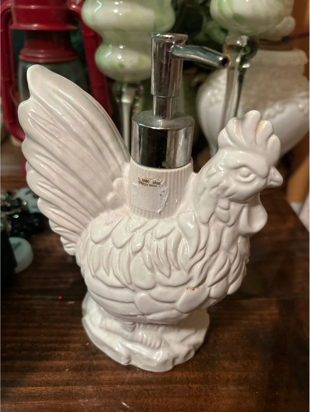 White Ceramic Rooster Soap Dispenser with Silver Pump